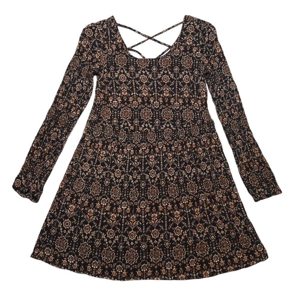 Forever 21 Dress Womens Juniors Small Brown Floral Long Sleeve Crisscross‎ Mini
